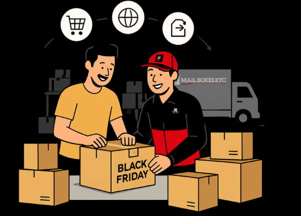 MBE staff member preparing a box for shipping during Black Friday peak season
