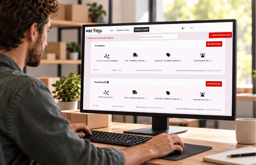 Interface de la plateforme MBE eShip Web pour la gestion des expéditions e-commerce.